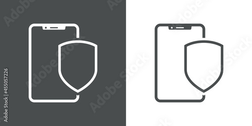 Icono silueta de smartphone con escudo con lineas en fondo gris y fondo blanco