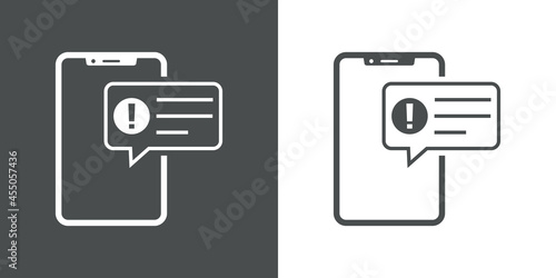 Icono silueta de smartphone con burbuja de habla con símbolo atención con lineas en fondo gris y fondo blanco 