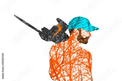 Double exposure of bearded man with chainsaw