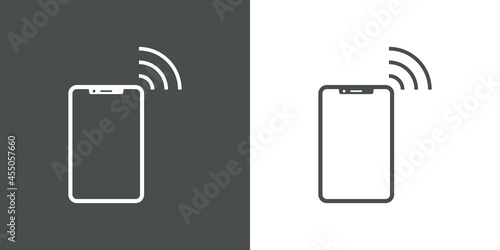 Icono silueta de smartphone con olas con lineas en fondo gris y fondo blanco
