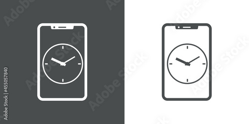Icono silueta de smartphone con aplicación con esfera de reloj simple con lineas en fondo gris y fondo blanco