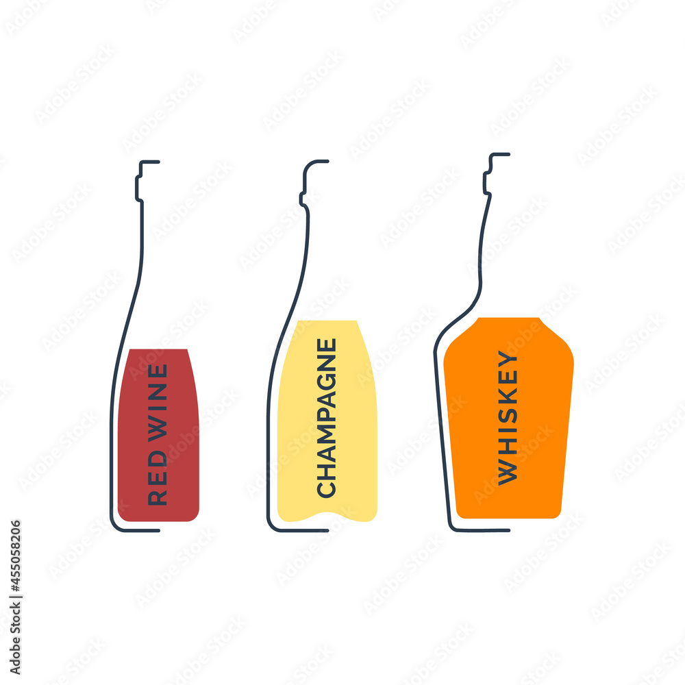 Bottle red wine, champagne and whiskey in linear style on white background. Black thin outline in the form of a contour shadow and color fill. Modern flat style illustration. Circuit drink symbol Bottle red wine, champagne and whiskey in linear style on white background. Black thin outline in the form of a contour shadow and color fill. Modern flat style illustration. Circuit drink symbol