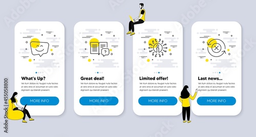 Vector Set of Technology icons related to Smile face, Info and Instruction manual icons. UI phone app screens with people. Reject refresh line symbols. Chat, Information, Questionnaire. Vector