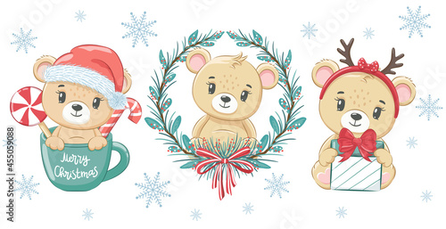 A collection of three cute bears for the New Year and for Christmas. Vector illustration of a cartoon. Merry Christmas.