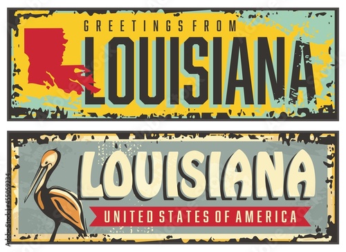 Louisiana signs set with Louisiana state map shape and pelican bird. Retro USA signs collection, vintage greeting cards or souvenirs template. Vector illustration.