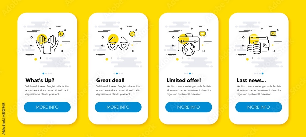 Vector set of Love glasses, Businessman case and Hold t-shirt line icons set. UI phone app screens with line icons. Wallet money icon. Vector Vector set of Love glasses, Businessman case and Hold t-shirt line icons set. UI phone app screens with line icons. Wallet money icon. Vector