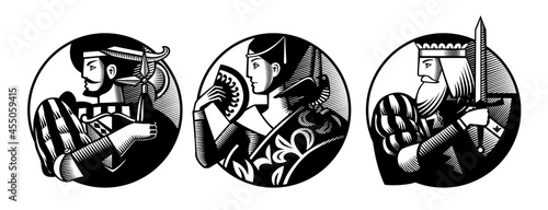 Round shapes with faces of playing cards characters in vintage engraving style