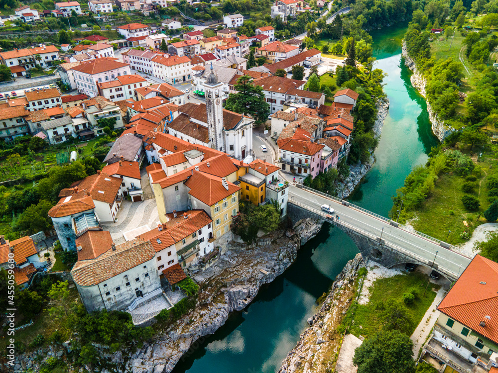 Colorful Architecture of Kanal Ob Soci Town in Slovenia at River Soca Valley. Drone View.