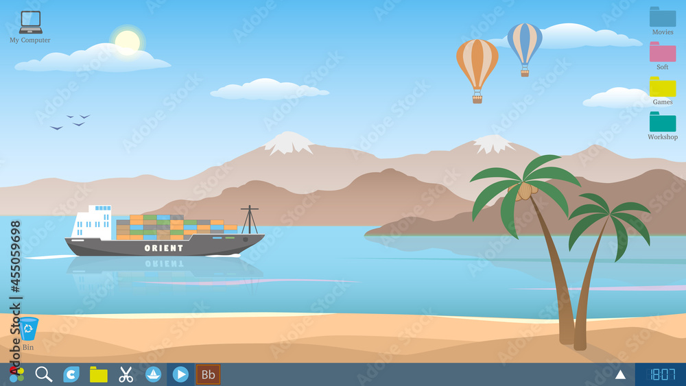 Desktop screenshot. Orient tale. Landscape in cartoon style. Simplicity and minimalism. Vector illustration. 