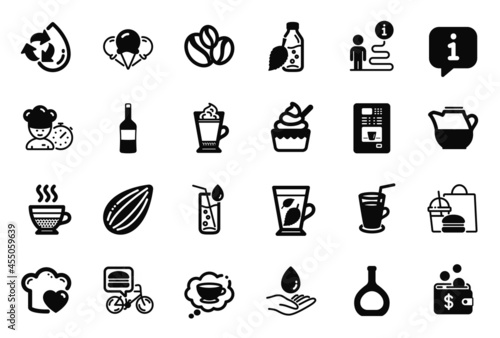 Vector Set of Food and drink icons related to Cognac bottle, Wine and Recycle water icons. Ice cream, Water bottle and Cafe creme signs. Ice creams, Milk jug and Mint leaves. Chef. Vector
