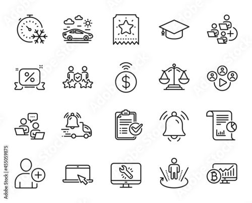 Vector set of Bitcoin chart, Justice scales and Augmented reality line icons set. Portable computer, Teamwork and Graduation cap icons. Monitor repair, Contactless payment and Report signs. Vector