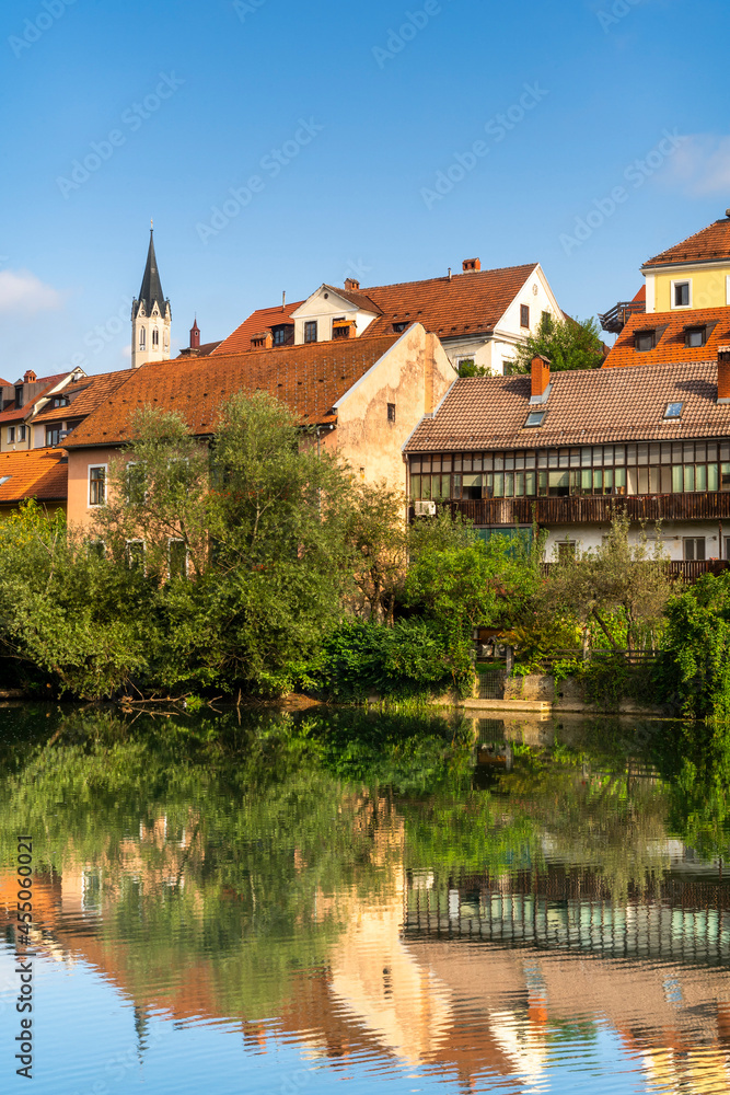 Novo Mesto Old Town Houses Reflection in Krka River, Slovenia