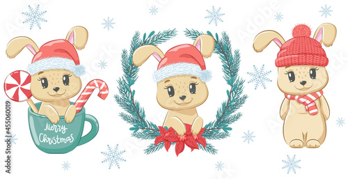 A set of cute rabbits for the New Year and for Christmas. Vector illustration of a cartoon.