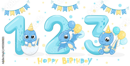 Set of 3 cute blue dinosaurs "Happy birthday, 1,2,3 years". Vector illustration of a cartoon.