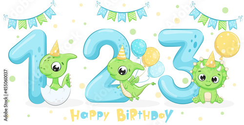 Set of 3 cute green dinosaurs  Happy birthday  1 2 3 years . Vector illustration of a cartoon.
