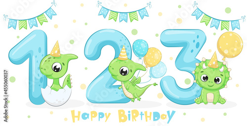 Set of 3 cute green dinosaurs "Happy birthday, 1,2,3 years". Vector illustration of a cartoon.