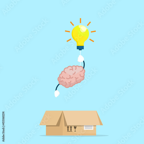 brain flying out of box with light bulb think out box concept