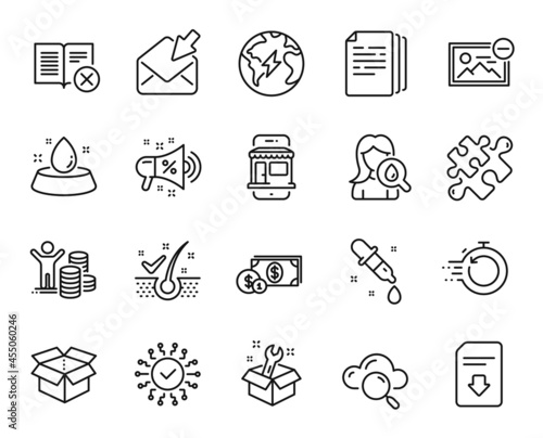 Vector set of Open box, Electricity and Fast recovery line icons set. Cloud computing, Spanner and Budget profit icons. Reject book, Dollar money and Puzzle signs. Open box web symbol. Vector