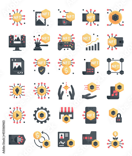 set of nft crypto currency token flat icons