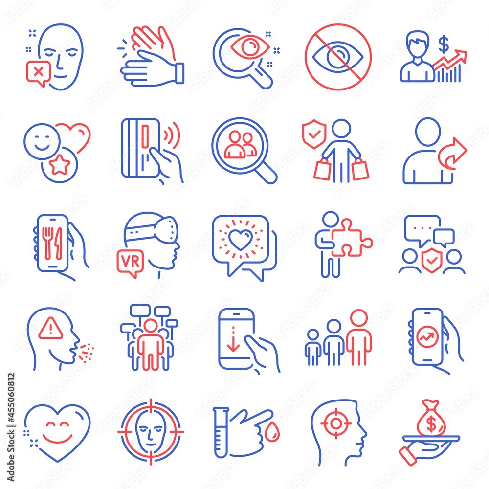 People icons set. Included icon as Friends chat, Clapping hands, Security agency signs. Smile chat, Face declined, Business growth symbols. Augmented reality, Buyer insurance, Scroll down. Vector People icons set. Included icon as Friends chat, Clapping hands, Security agency signs. Smile chat, Face declined, Business growth symbols. Augmented reality, Buyer insurance, Scroll down. Vector