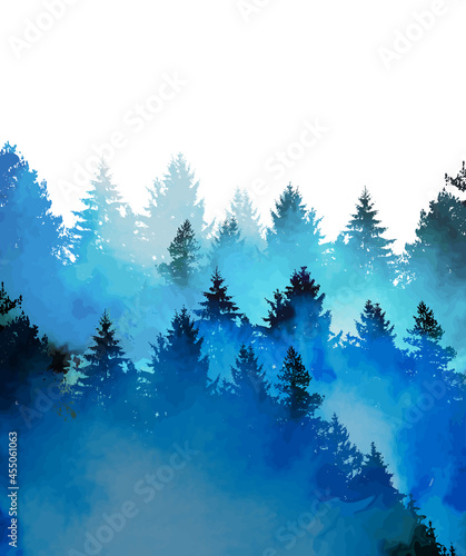 Winter forest. Watercolor blue landscape. Vector illustration