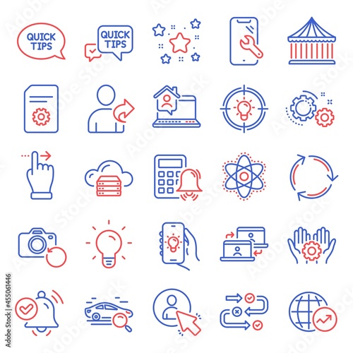 Technology icons set. Included icon as Quick tips, Touchscreen gesture, Light bulb signs. Search car, Employee hand, Idea symbols. Cloud server, Chemistry atom, Outsource work. Gears, User. Vector