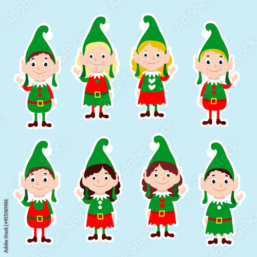 Set stickers of Christmas happy elves. Santa claus helpers wave their hands and smile. Festive vector illustration of winter cartoon characters. Design for greeting cards, web and marketing.