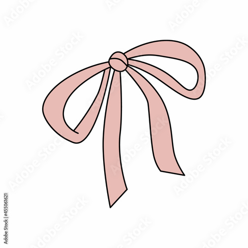 Single pink bow in doodle style. Vector illustration of necktie isolated on white background. Sign for decoration, design, greeting cards, stickers and posters