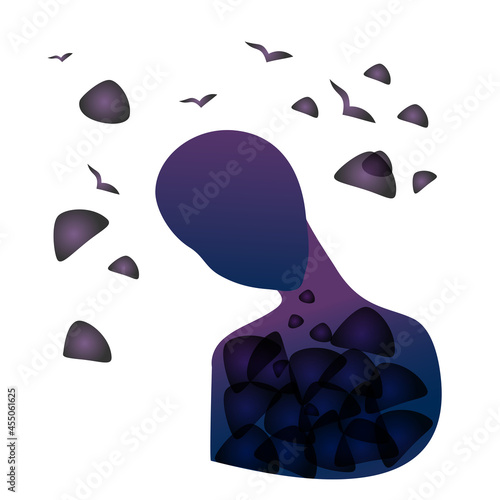 Silhouette of a purple man with a bowed head. In a person and nearby, particles of violet pain scatter. Mood of sadness and depression. The concept of a victim of narcissistic violence and abuse. photo