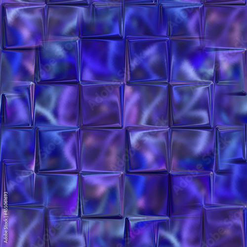Seamless blue texture with protruding cubes. Glass squares stick out unevenly from the surface. 3D rendering.