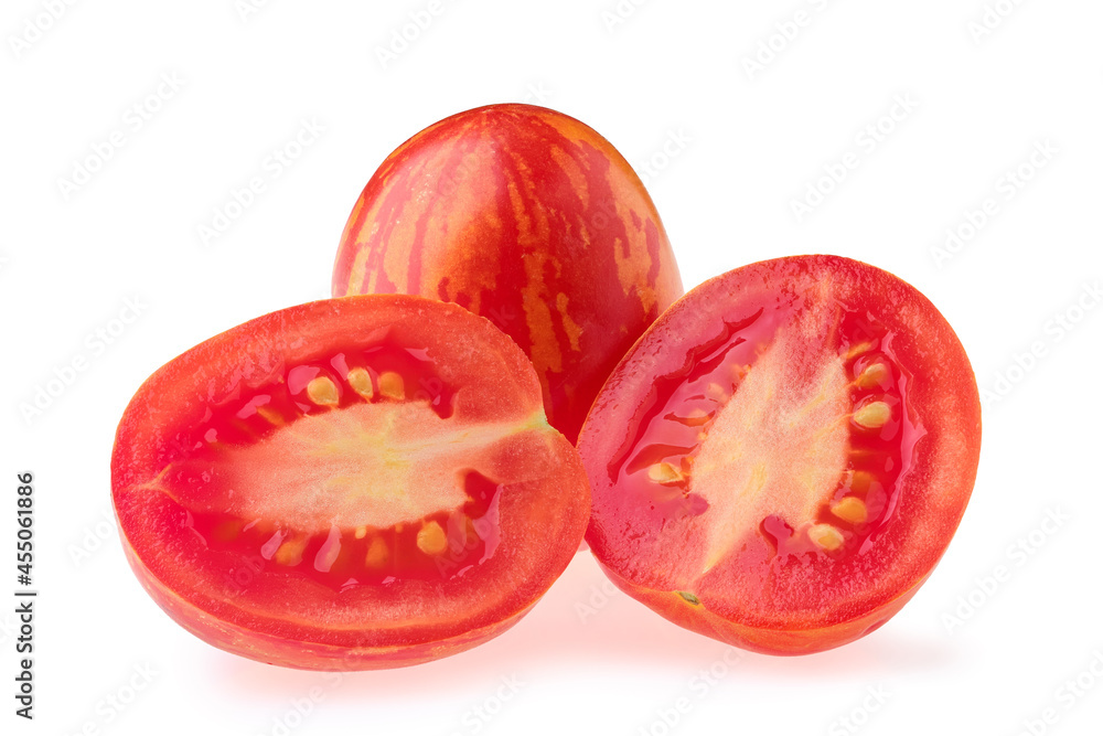 Fototapeta premium Fresh whole and half tomatoes Russian queen isolated on white