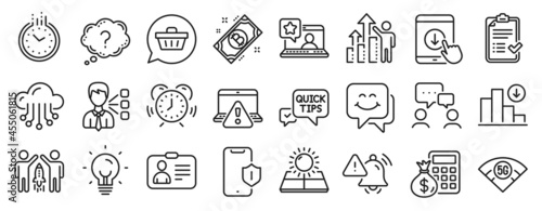 Set of Technology icons  such as Partnership  Third party  Smile face icons. Shopping cart  Approved checklist  Time signs. Scroll down  Employee results  5g wifi. Id card  Energy  Bitcoin. Vector