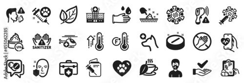 Set of Healthcare icons  such as Hospital building  Pets care  Mint tea icons. Medical insurance  Leaf  Uv protection signs. High thermometer  Dont touch  Fahrenheit thermometer. Cough. Vector