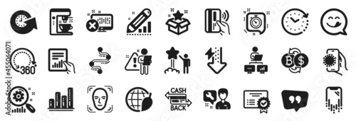 Set of Technology icons, such as Update time, Search employee, Coffee maker icons. 360 degrees, Contactless payment, Energy drops signs. Covid app, Time change, Environment day. Repairman. Vector