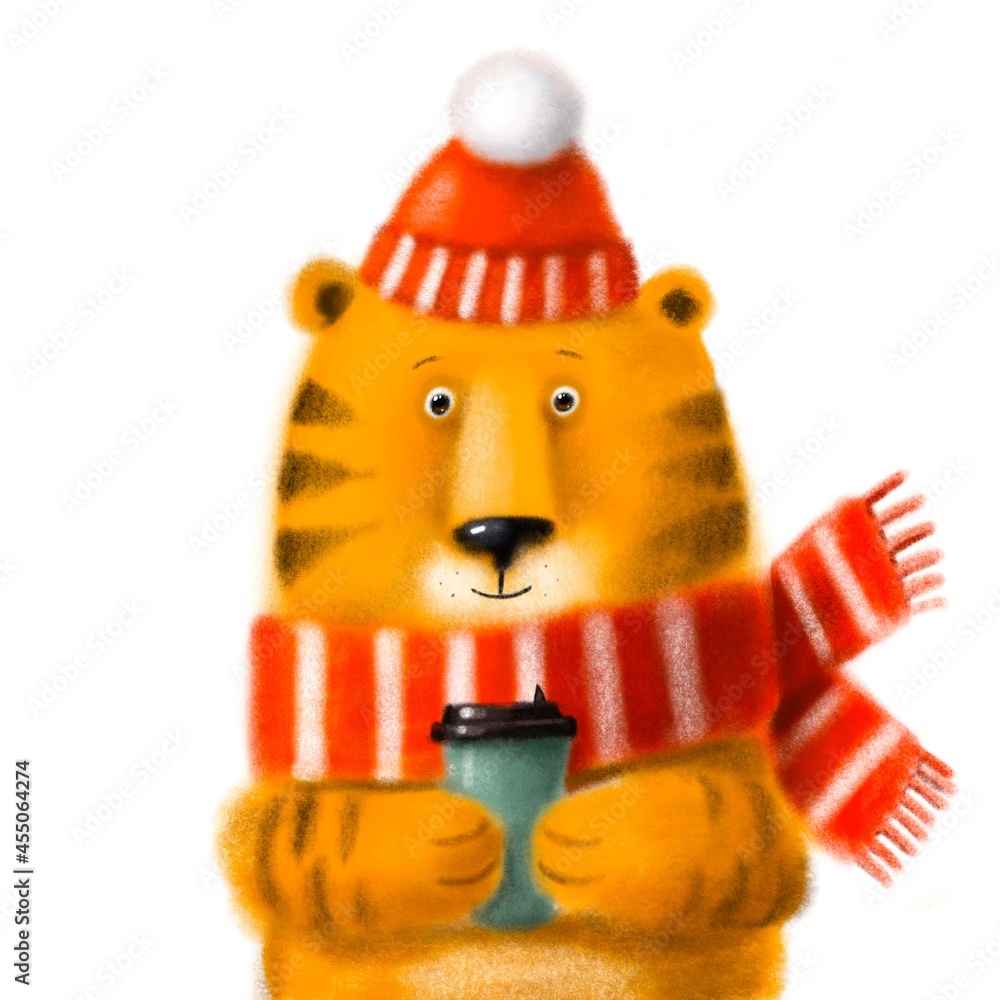 portrait of cute tiger with cup of hot drink, symbol of 2022 new year, holiday illustration with cartoon character