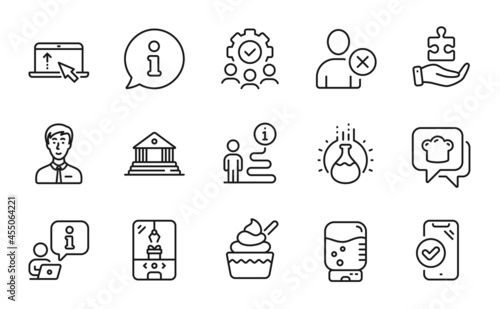 Business icons set. Included icon as Crane claw machine, Teamwork, Delete user signs. Swipe up, Approved phone, Water cooler symbols. Court building, Ice cream, Puzzle. Businessman person. Vector