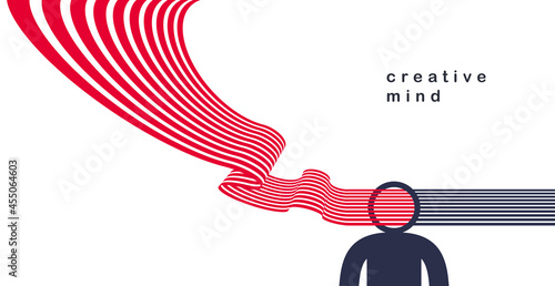 Creative mind brain vector concept in flat trendy design style, stripes goes out of man head symbolizes creative ideas and thinking, artist designer or writer author.
