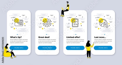 Vector Set of Business icons related to Quick tips, Artificial intelligence and Approved checklist icons. UI phone app screens with people. Online voting line symbols. Vector