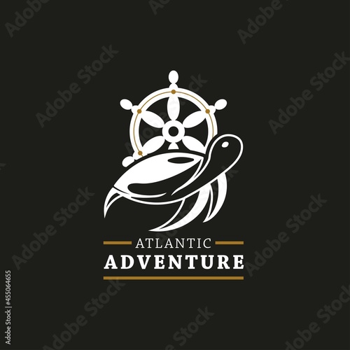 Vintage Retro Ship steering wheel logo. With turtle, and orca whale on gold, black, white colors. Premium and luxury adventure logo template