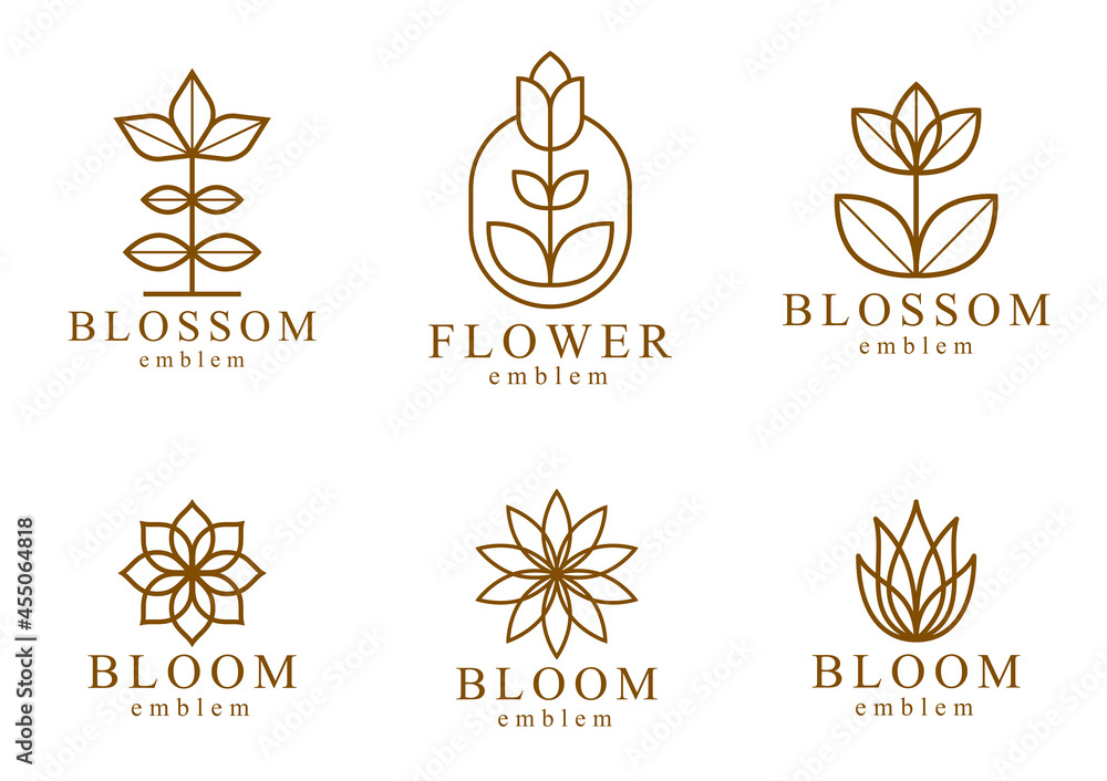 Flower in geometric linear style vector emblems set, blossoming flower hotel or boutique or jewelry logos collection, sacred geometry design elements. Flower in geometric linear style vector emblems set, blossoming flower hotel or boutique or jewelry logos collection, sacred geometry design elements.