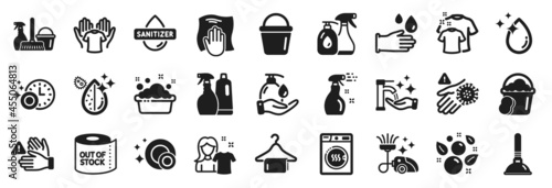 Set of Cleaning icons, such as Dryer machine, Dont touch, Cleaning spray icons. Household service, Plunger, Dirty water signs. Rubber gloves, Hold t-shirt, Dishwasher timer. Clean bubbles. Vector