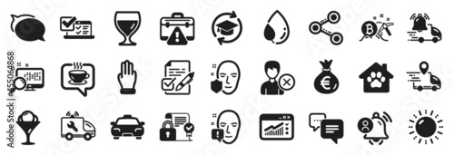 Set of Business icons, such as Leaf dew, User notification, Pet shelter icons. Ice cream, Remove account, Car service signs. Talk bubble, Online survey, Search. Web traffic, Taxi, Coffee. Vector