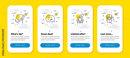 Vector set of Medical mask, Friendship and Yummy smile line icons set. UI phone app screens with line icons. Security app icon. Face respirator, Trust friends, Emoticon. Smartphone protection. Vector