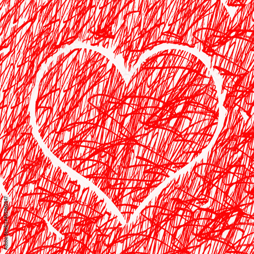 Fotografie Red hand-drawn pattern background with abstract heart