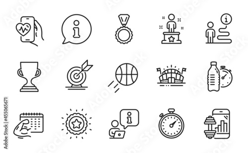 Sports icons set. Included icon as Medal, Target goal, Fitness water signs. Cardio training, Fitness app, Sports arena symbols. Timer, Success, Winner star. Award cup, Basketball. Vector