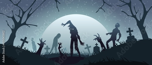 Zombies on graveyard. Cemetery background with scary monsters silhouettes and creepy gravestones. Spooky night landscape. Undead climb out of grave. Vector horror scene with walking dead