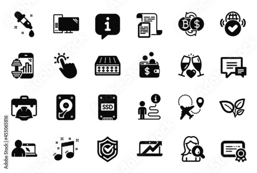 Vector Set of Business icons related to Online education, Certificate and Confirmed icons. Documents, Chemistry pipette and Flexible mattress signs. Verified internet, Leaves and Ssd. Hdd. Vector