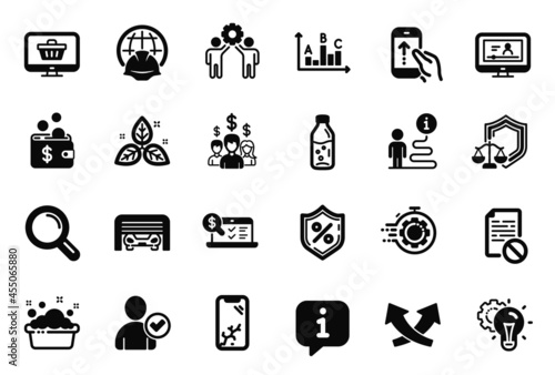 Vector Set of Business icons related to Web shop, Survey results and Global engineering icons. Parking garage, Wrong file and Water bottle signs. Info bubble, journey path. Vector