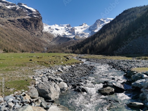 The Piani di Verra Inferiori a plane area halfway to the peak of Mount Rose in northern Italy in Val d'Ayas, Aosta