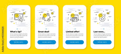 Vector set of Teamwork, Marketplace and Like photo line icons set. UI phone app screens with line icons. Loyalty star icon. Business conference, Online shop, Thumbs up. Bonus reward. Vector